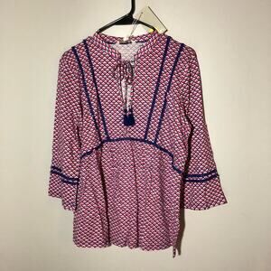 Boden Gemma jersey top strawberry pink geo print 3/4 sleeves tassels boho 10 NWT